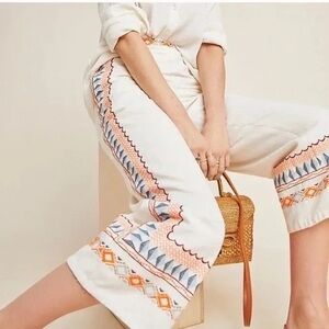 Anthropologie Islander Embroidered Pants Size US 2 Cotton Linen Blend
